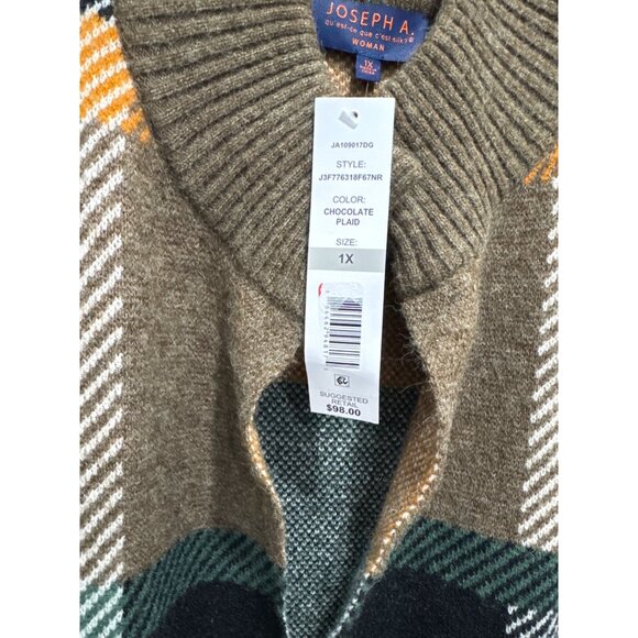 Joseph A. Women's Open Front Long Cardigan Sweater Chocolate Plaid Ribbed Knit 1 - Picture 6 of 7